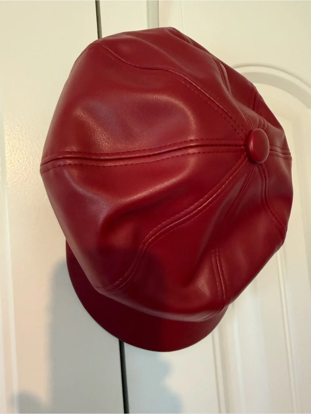 Unisex Red Faux Leather Newsboy Cap